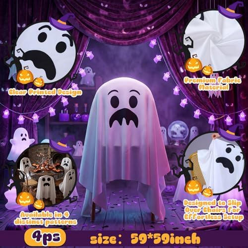 Frienda 4 Pcs Halloween Ghost Chair Covers Spooky Face Slipcovers 59 x 59"