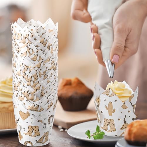 Maxdot 200 Pcs Western Cowboy Tulip Cupcake Liners for Baking Western Theme Paper Muffin Baking Cups Retro Wild West Tulip Muffin Liners Wrappers for Baby Shower Birthday Party