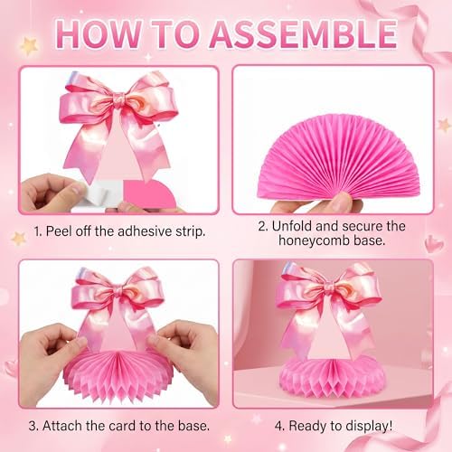 Pink Bow Honeycomb Centerpieces - Coquette Theme Party Table Decorations