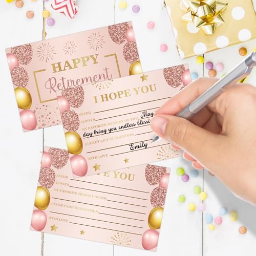 Pink Gold Retirement Card, Happy Wishes Card Box, Happy Retirement Present, 50 Double Sided Hope Cards with Wooden Boxes, Pink Gold Memory Box & Wishes Cards, Retiree Decorations for Men Women