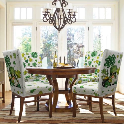 St Patricks Day Chair Cover Set of 4 Irish Gnome Shamrock Dining Room Slipcovers Stretch Parsons Chair Seat Protectors St Patricks Spring Holiday Decor-4PCS