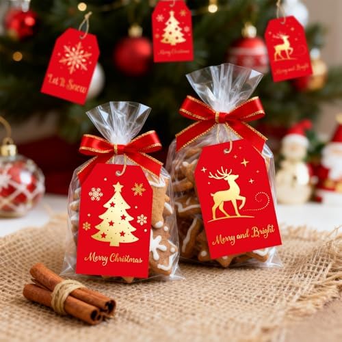 joycraft 60Pcs Christmas Gift Tags, 4 Styles Red Gold Foil Holiday Tree Tag