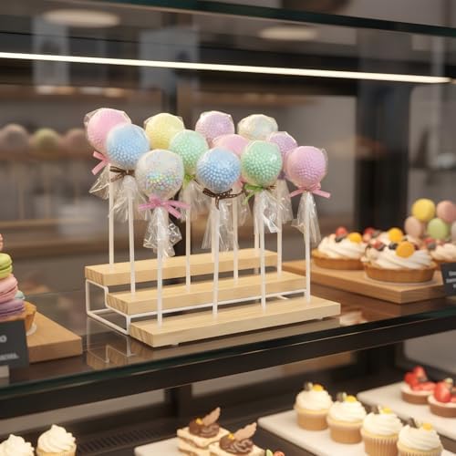 3 Tier Wood Display Cake Pop Stand,Set of 2 12 Holes Lollipop Display Stand, Lollipop Holder for Wedding, Baby Shower, Birthday, Anniversaries Party Candy Decorative