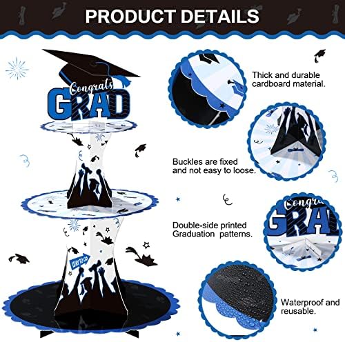 Nuenen Graduation Cupcake Holder Decoration 3 Tier Congrats Grad Party Cupcake Stand Tower Cardboard Grad Theme Dessert Stand for Graduation Party Supplies Favors(Blue and Black)