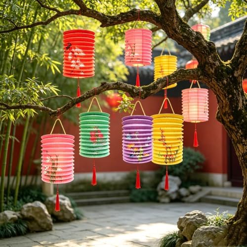 5PCS Paper Lanterns with LED Lights Valentines Day Chinese New Year'eve Spring Festival Lantern 6.3inches , Hanging Lighting Lanterns for Mid Autumn Dinner Birthday Party Decoration