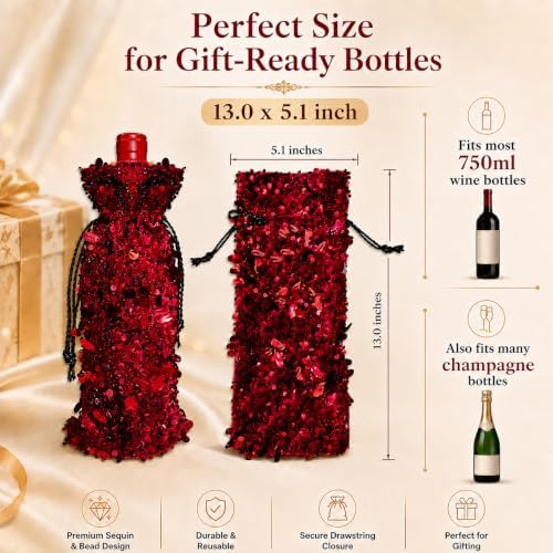 Blingxy 2-Pack Red Glitter Wine Bottle Gift Bags with Drawstring