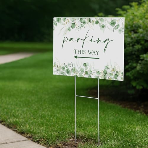 8 Pcs 17 × 8.5" Wedding This Way Directional Parking Signs Road with Stakes Large Double Sided Direction Printed Ceremony Reception Lawn Yard Arrow Sign Exquisite Plastic Rainproof (Green Leaves)