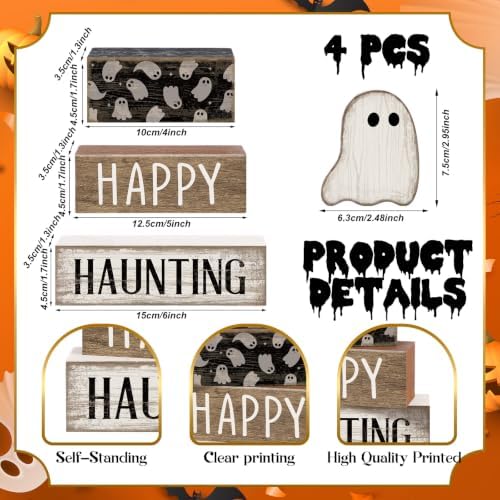 Lineshading 4 Pcs Halloween Table Decor for Home, Wooden Ghost Block Sign