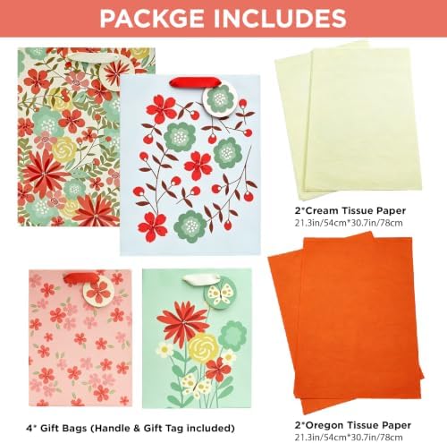 Jotique 4 Pcs Floral Gift Bags Assorted Sizes with Tissue for All Occasions
