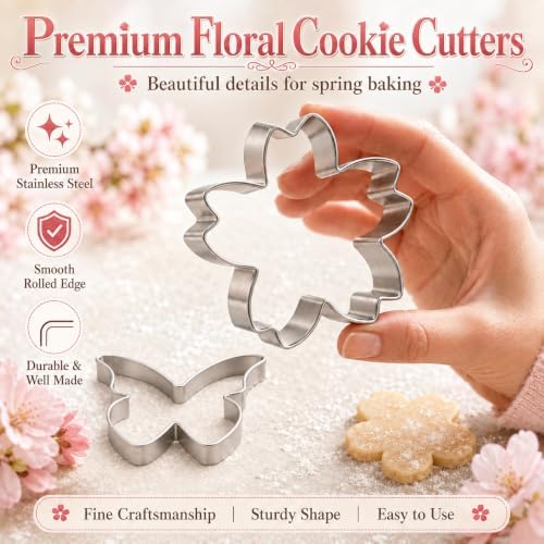 Flower Cookie Cutter Set, 6 PCS Tulip, Cherry Blossom, Frangipani, Daisy, Sunflower, Butterfly, Stainless Steel Holiday Cookie Cutter Shapes for Baking Biscuit Molds