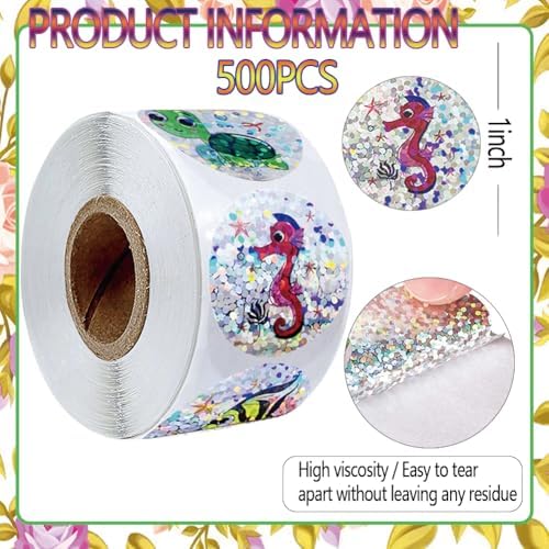 500Pcs Round Sea Animals Stickers 1in Glitter Self-Adhesive Decorative Ocean Life Label Stickers Roll for Birthday Party Favors Teacher Reward Encouragement Envelopes Supplies