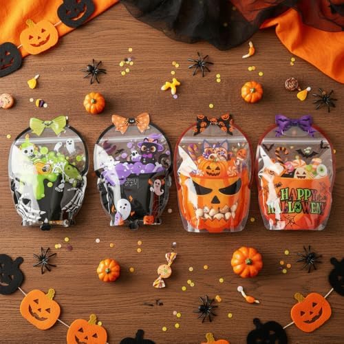 Halloween Treat Bags 24 PCS Plastic Flat Bottom Ziplock bags with Handle(7.3x10.4 Inch) Halloween Trick or Treat Bag Candy Goodie Snack Goody Gifts Wrap Pumpkin Ghost Spooky Party Favors Supplies