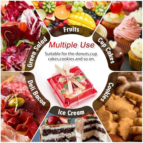 Whaline 50 Set Red Small Charcuterie Boxes with Clear Lids Forks Knives Mother's Day Clear Mini Dessert Box Disposable Food Container for Gift Giving Wedding Party Sandwich Cookie Sushi Cake