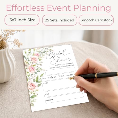 Bridal Shower Invitations, 25 Floral Wedding Shower Invites with Envelopes, 5x7 Blush Pink Rose Bride to Be Engagement Party Supplies - A05