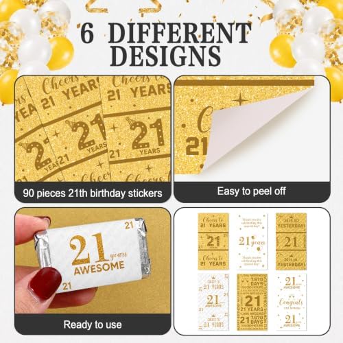 Tenare 90 Pcs 21st Birthday Candy Wrappers, White and Gold Stickers