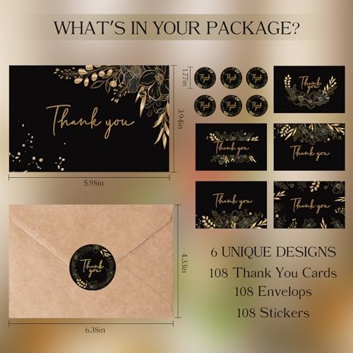 108 Pack Pre-Folded Floral Thank You Cards with Envelopes, 6 Designs