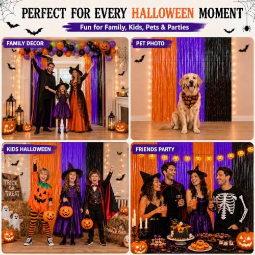 JINSUI Halloween Decorations Orange Purple Black Tinsel Backdrop 2 Pack
