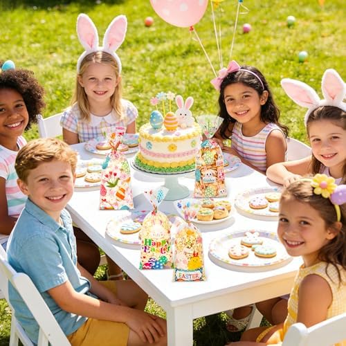 100 Pcs Easter Cellophane Treat Bags - 5 x 11 Inch Clear Easter Goodie Bags with 110 Gold Ties for Cookies, Snacks, Party Favors & Gift Packaging, 2.8 Mil Thick Plastic Easter Candy Bag for Kids