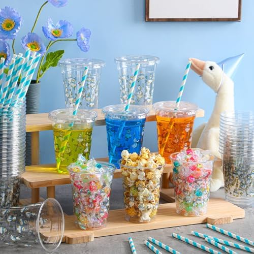 Jingmore 50 Pcs One Silly Goose Party Disposable Plastic Cups 12 oz with Lids Straws Themed Party Supplies Plastic Tumbler for Birthday Table Decorations Favors(Blue)