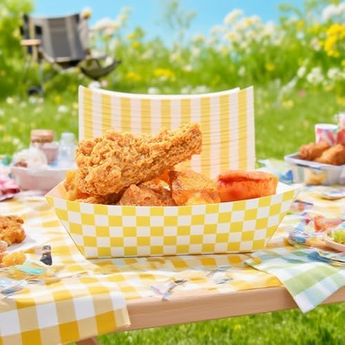 30 Pcs No Folding Required 2lb Gingham Party Supplies Disposable Paper Food Trays for Shower Wedding Tea Party Supplies Nacho Snack (Yellow)