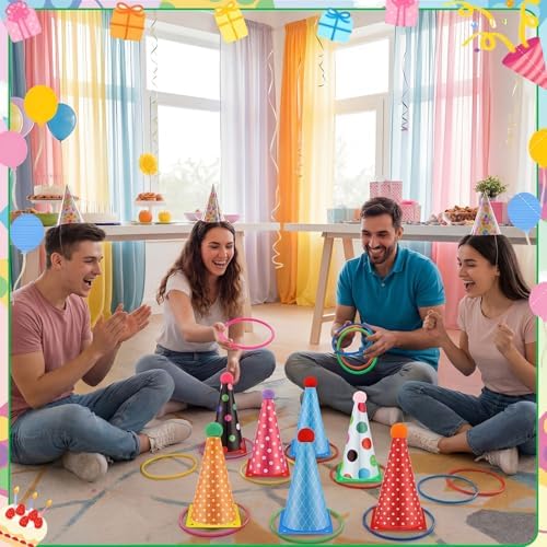 Seenelling 24 Pcs Plastic Ring Toss Game, Birthday Party Game 6 Birthday Hat Cones and 18 Colorful Rings Outdoor Sport Toss Toys Backyard Lawn Cone and Ring for Family Party Activities