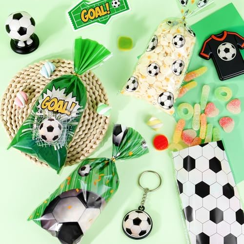 50 Pcs Soccer Cellophane Treat Bags - 5" x 11" Sports Themed Goodie Bags with 60 Gold Twist Ties, 4 Adorable Soccer Designs Clear Candy Bags for Soccer Birthday Party Favors, Team Celebration