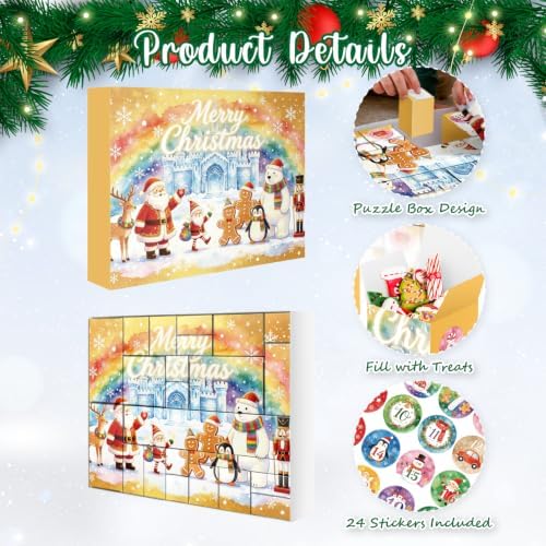 XiaosRen 2026 Christmas Advent Calendar Box Set DIY - 24 Days of Empty Gift Boxes with Number Stickers to Fill for Kids, Family & Friends - Watercolor Gold Background Ice Castle Santa Cartoon Design