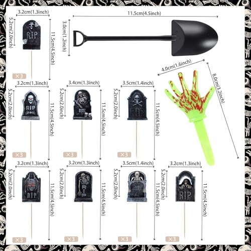 Rsstarxi 60 Pack Halloween Skeleton Zombie Hand Cupcake Toppers Shovel Spoons Spooky Graveyard Cupcake Picks Halloween Cake Decorations for Horror Theme Birthday Party Decorations