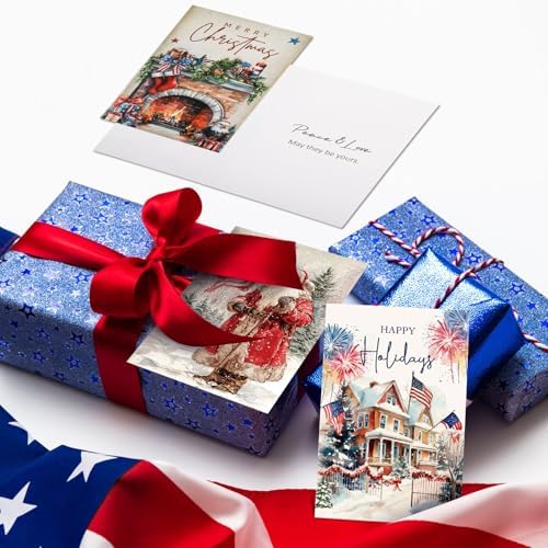 Motiskyy 50 Pcs Patriotic Christmas Cards American Flag Christmas Card Bulk