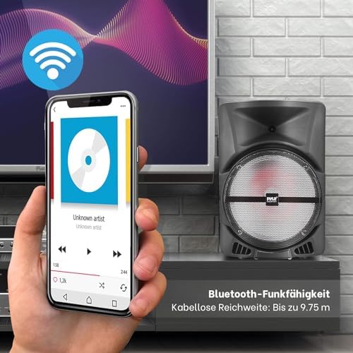 Pyle Wireless Portable PA Speaker System -1200W High Powered Bluetooth Compatible Indoor&Outdoor DJ Sound Stereo Loudspeaker wITH USB MP3 AUX 3.5mm Input, Flashing Party Light & FM Radio -PPHP1544B