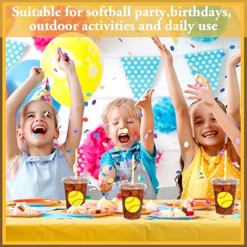 Whaline 50Pcs 12Oz Softball Disposable Plastic Cups with Lids and Straws Cute Softball Cold Beverage Drinking Cups for Sports Theme Birthday Party Supplies