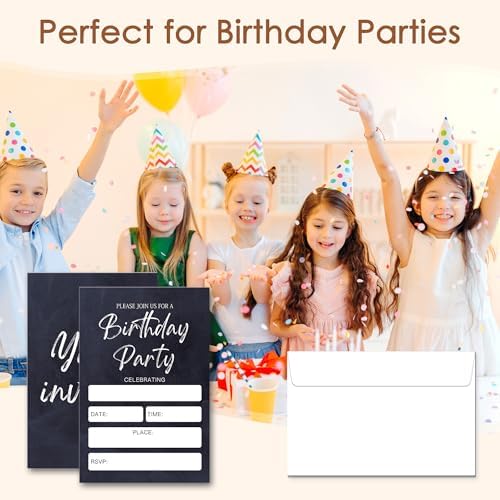 Minimalist Black Birthday Invitation Cards, 20 Pack Party Invitations Cards with Envelopes For Birthday, Invitations for Boys and Girls Party Decorations Supplies (4''x6'')