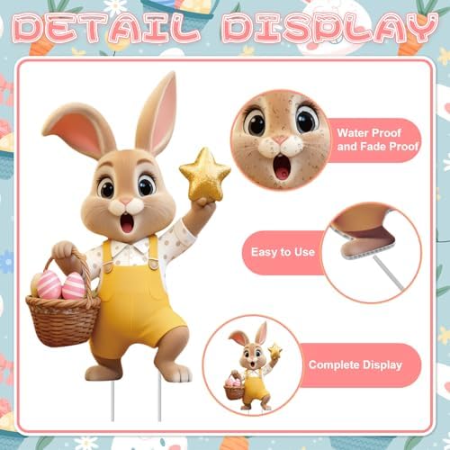 6-Piece Easter Bunny Yard Signs with Stakes – 6 Assorted Cute Rabbit Designs 13.8 Inches Tall Outdoor Lawn Decorations for Easter Egg Hunts, Spring Garden Parties, and Yard Displays
