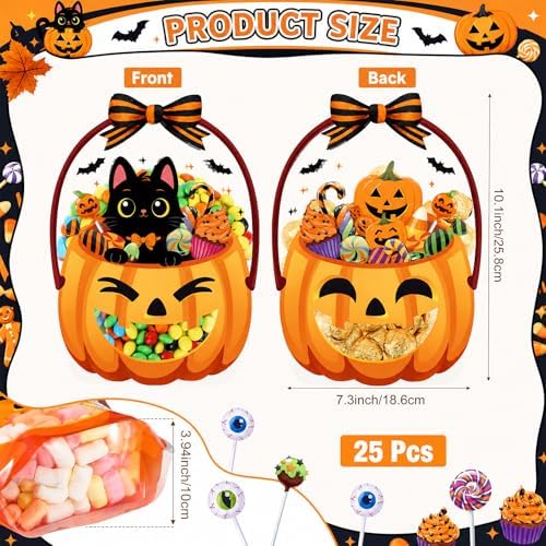 Fuutreo 25 Pcs Halloween Treat Bags with Handles, Black Cat Plastic