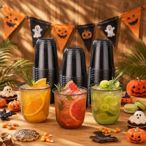 50 Pack 12 oz Black Disposable Plastic Cups, Halloween Party Cups