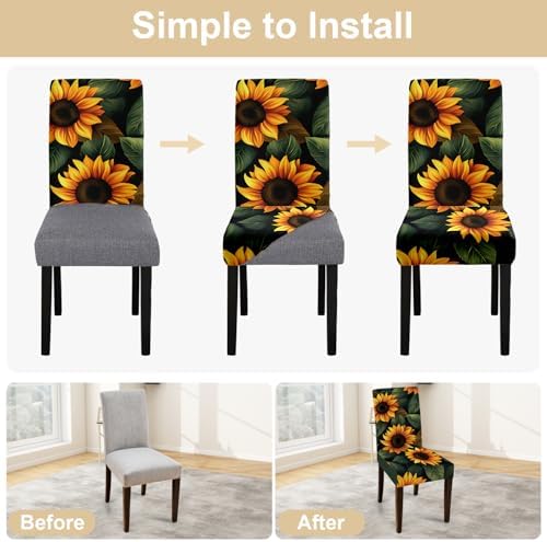 Sunflower Chair Covers for Dining Room – Stretch Floral Slipcovers with Bright Yellow Sunflowers on Dark Background – Washable Decorative Seat Protectors for Kitchen, Summer, Farmhouse Decor,Set of 6