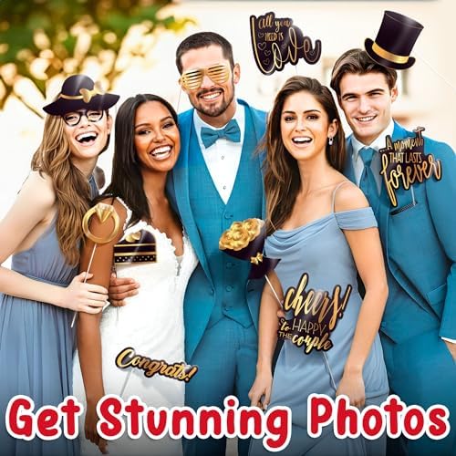 Wedding Photo Booth Props (24 Pieces, Black & Gold), Fun Photoshoot Party Selfie Accessories, Silly Group Picture Favors for Wedding Reception, Anniversary, Engagement, or Shower