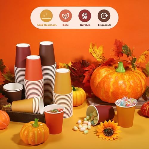 URATOT 120 Pieces 9 Ounce Disposable Paper Cups Autumn Color Party Cups Thanksgiving Fall Drinking Cups for Party, DIY, and Holiday, 4 Colors