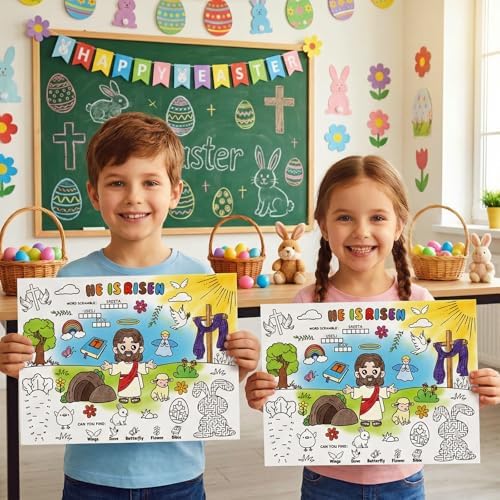 45pcs He is Risen Disposable Coloring Placemats Easter Christian Crafts for Kids Sunday School Easter Party Favors Coloring Poster Religious Activity Church Supplies Paper Table Mats