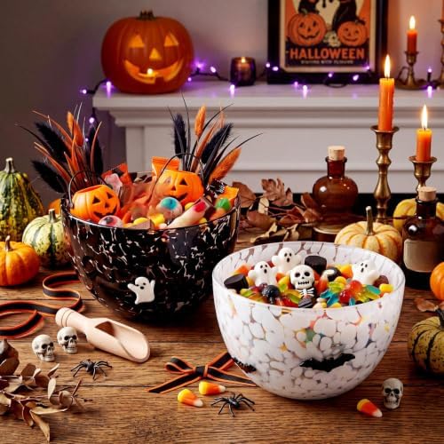 FoldTier 2 Pcs Halloween Icon Snack Bowl, 14oz Clear Glass Candy Dessert Bowls with Ghost and Bat Design, Spooky Serving Bowls for Halloween Gifts Party Favors Table Decoration Supplies
