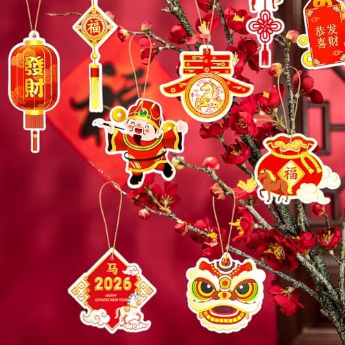 HOWAF 48pcs Chinese New Year Decorations Chinese New Year Hanging Ornament Set, Good Luck Red Lanterns Red Envelope Paper Fans for 2026 Year of The Horse Tree Ornaments, Spring Festival Ornaments