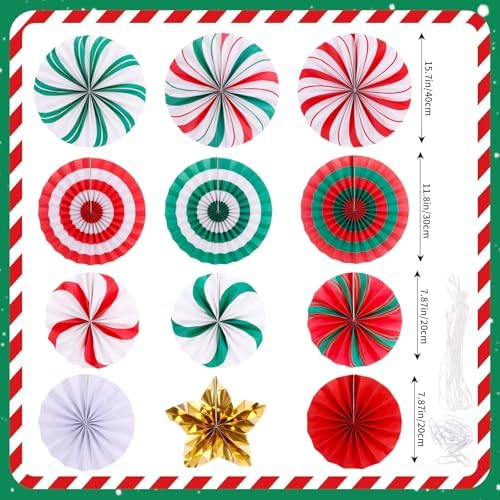 FOIMAS Christmas Hanging Paper Fan Decoration, 12pcs Peppermint Candy Hanging Fans for Ceiling Wall Classroom Mantle Xmas Candyland Holiday Party Supplies, Red and Green