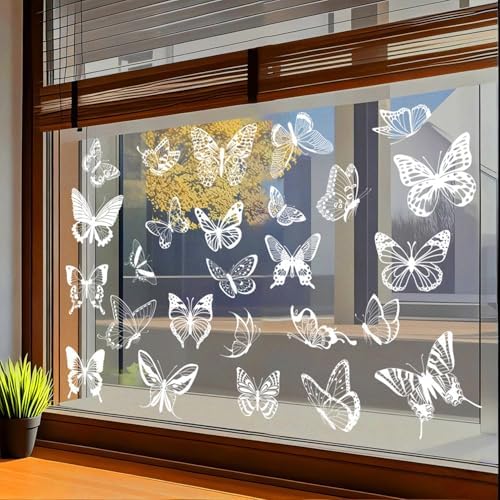 26Pcs Butterfly Static Cling Window Decals 4 Sheets White PVC Removable Reusable Glass Stickers Spring Summer for Home Window Decor Window Clings for Glass Doors Windows