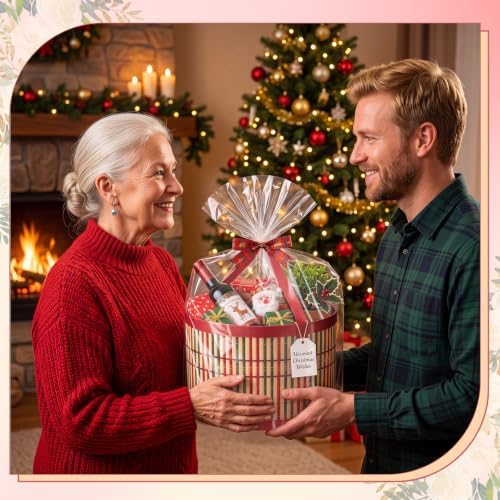 Weysat 6 Set Baskets for Gifts Empty Bulk, Large Woven Bamboo Gift Basket Kit with Handles, Bow, Wrap Bag to Fill for Raffle Thanksgiving Day Wedding Birthdays Party Wrapping (Red and Green)