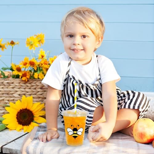 Whaline 50Pcs Bee Disposable Plastic Cups With Lids and Straws 12 Oz Cute Bee Cold Beverage Drinking Cups for Baby Shower Birthday Party Supplies