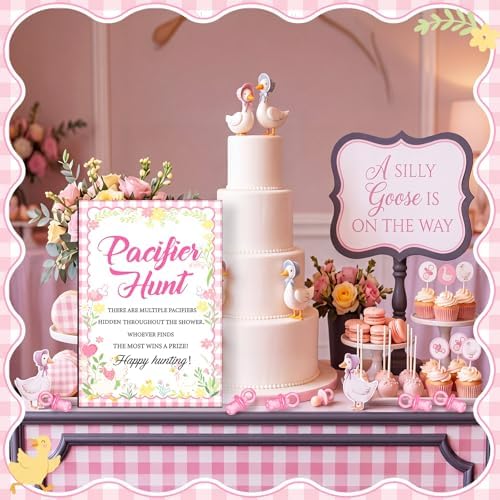 Thyle 51 Pcs Pink Silly Goose Pacifier Hunt Baby Shower Games Silly Goose Decorations Include Hunt Sign and 50 Acrylic Pacifiers for Baby Shower Game Decoration Gift Sets Gender Reveal Party Decor