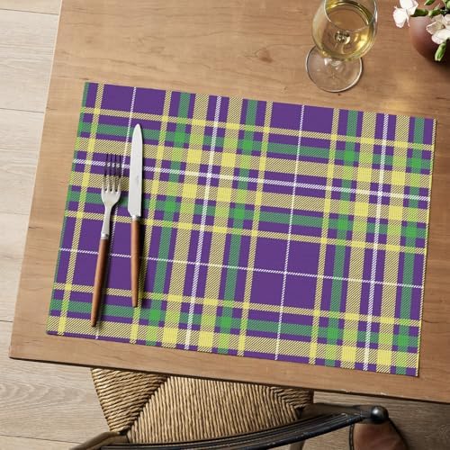 Artoid Mode Purple Striped Check Mardi Gras Vinyl Placemats Set of 4,Heat Resistant Non-Slip Woven Plastic PVC Place Mat for Party Kitchen Dining Decor