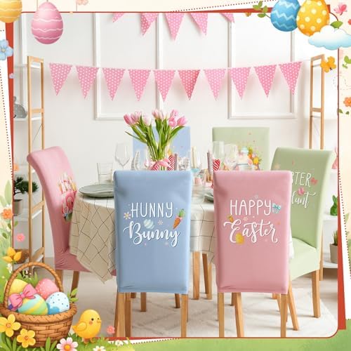 Mindsoft 6 Pcs Easter Chair Covers Print Eggs Hunt Happy Bunny Removable Seat Covers Protector Washable Stretch Spring Slipcovers for Easter Spring Hotel Restaurant Party Banquet