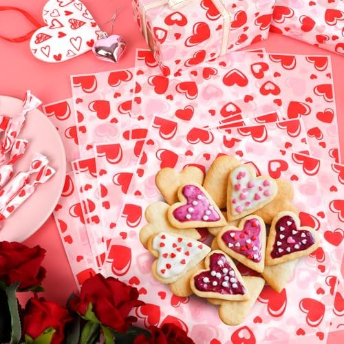 LOAVER 150 Pcs Valentine's Day Wax Paper Sheets for Food,Heart Greaseproof Waterproof Waxed Wrapping Tissue for Deli Baking Picnic Sandwich Cookies Oilproof Basket Liners (9.84 x 9.84 Inch)