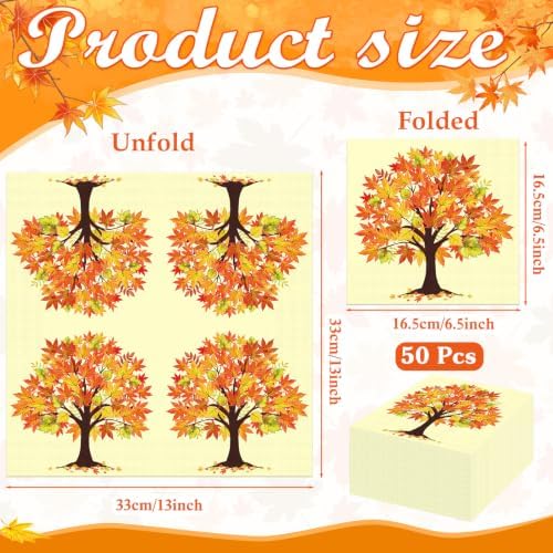 Konsait Fall Napkins - 50 Pack Maple Tree Fall Luncheon Paper Napkins, Disposable Autumn Napkins for Harvest Party Holiday & More, 6.5 x 6.5 Inches, 2-Ply